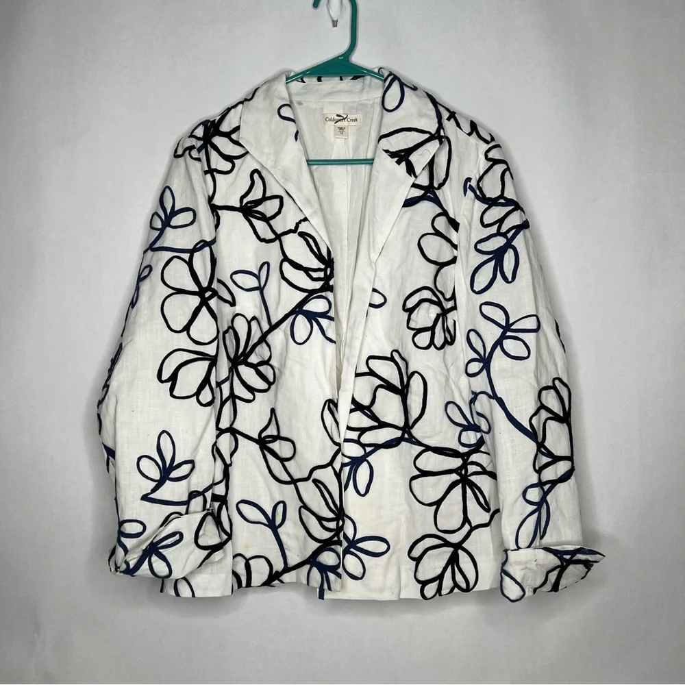 Coldwater Creek White Linen Open Jacket Black Embroidery Long Sleeve Hemstitched